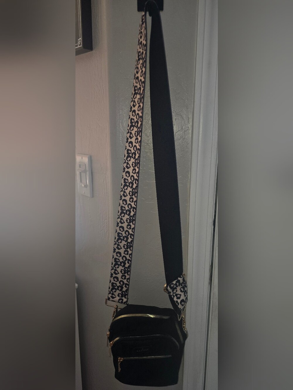Black Crossbody Bag with Leopard and Black Strap